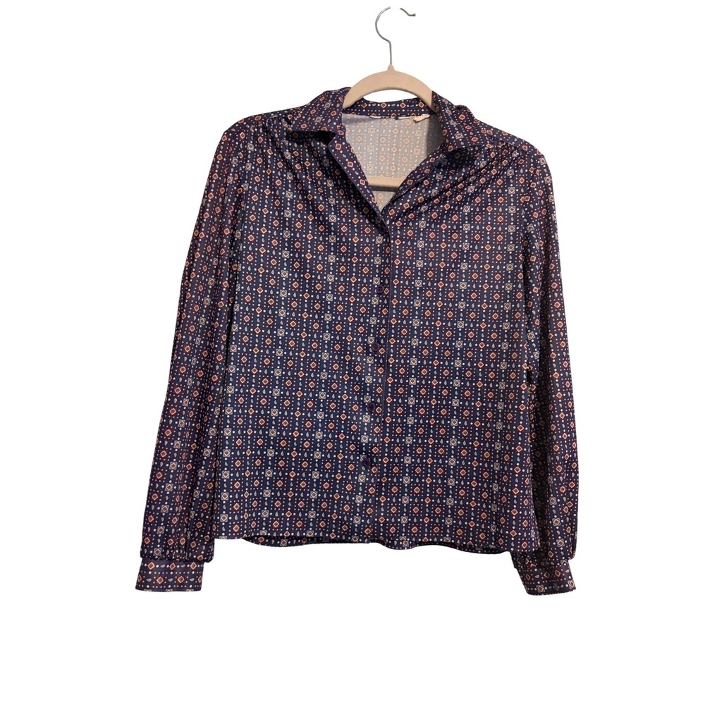 Vintage‎ 70s Blouse Geometric Paisley Navy Blue Button Down Retro Mod M